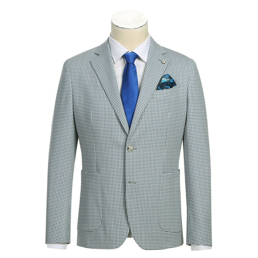 A mannequin showcases the Pellagio Men's Half Canvas Blazer Blue White PS24-9 by Pellagio, styled with a white shirt, blue tie, and matching blue pocket square.