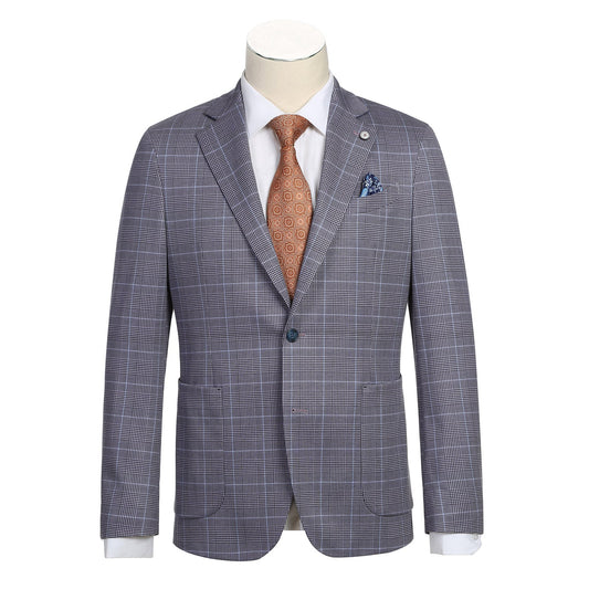 The Pellagio Blue Gray Men's Half Canvas Blazer PS23-4 by Pellagio features a notched lapel and is tastefully paired with a white dress shirt and an orange patterned tie. A blue patterned pocket square enhances the look from the breast pocket. This slim fit blazer, expertly crafted with half canvas construction, is elegantly showcased on a mannequin.