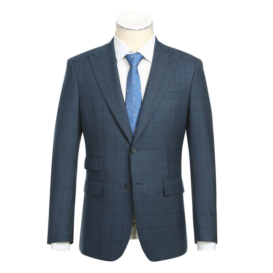 The English Laundry Wool Suit EL92-55-410 features a blue plaid design with peak lapels and two buttons, styled here on a mannequin with a white dress shirt and blue tie for a sharp, slim-fit look.