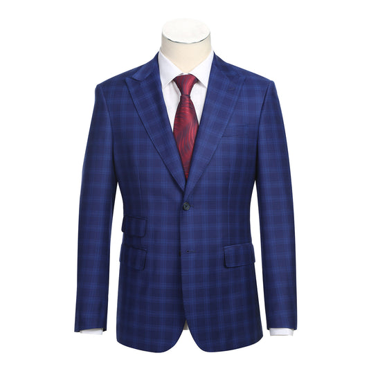 The ENGLISH LAUNDRY Royal Blue Check Suit 12-68-412EL by English Laundry features a slim fit and notch lapels, styled with a white shirt and red patterned tie—a classic men's fashion ensemble showcased on a headless mannequin.