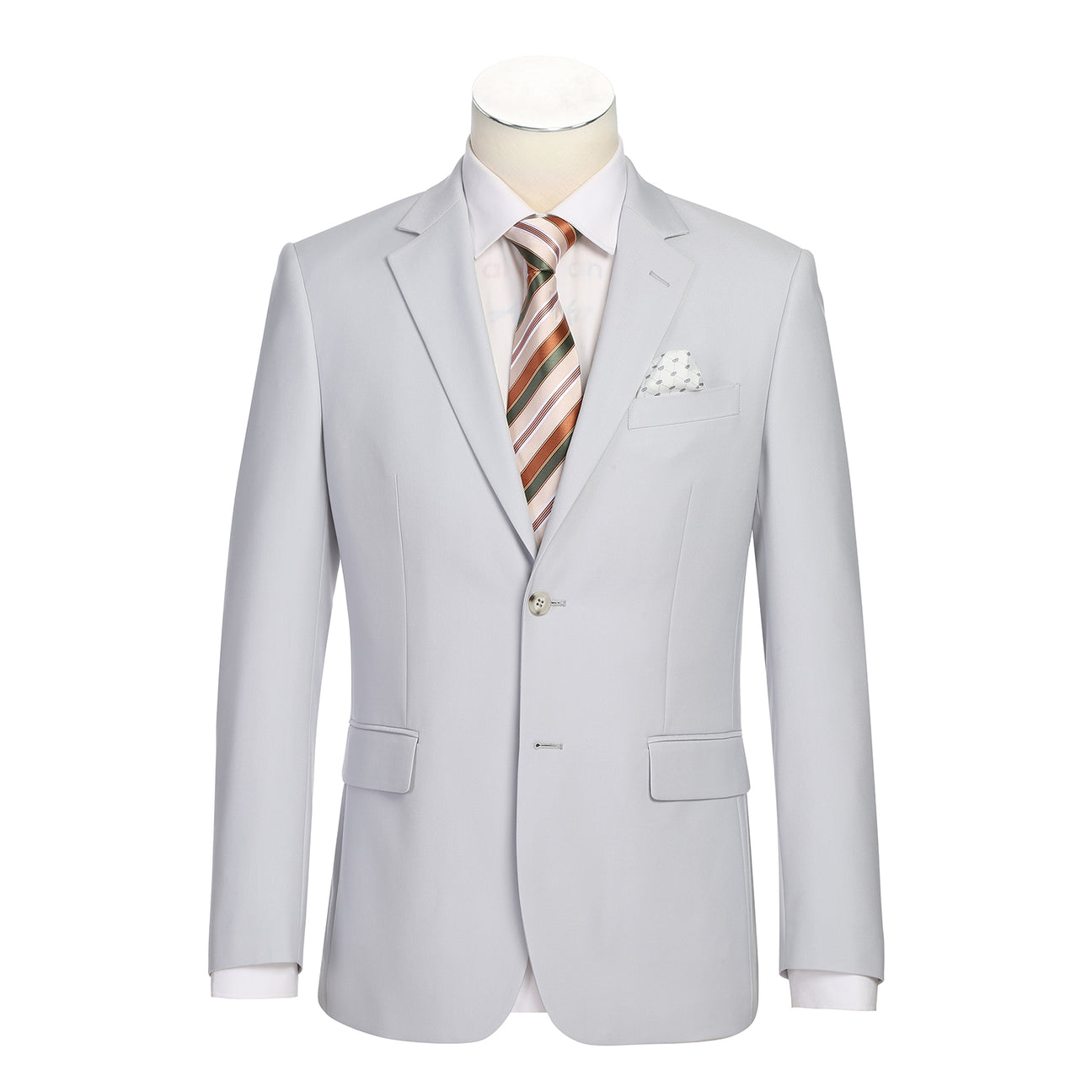 The Alessandro Vitello by Renoir 2-Piece Slim Fit Suit in Perl Gray features a single-breasted notch lapel jacket, shown on a mannequin with a white shirt, brown and pink striped tie, and dotted pocket square for lightweight comfort.