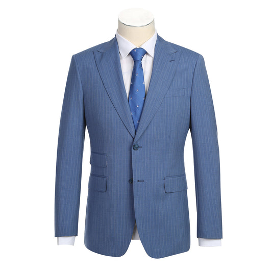 The ENGLISH LAUNDRY Light Blue Wool Suit EL92-33-412 by English Laundry features a slim fit, peak lapels, and pinstripes; displayed on a mannequin with a white dress shirt and blue patterned tie.