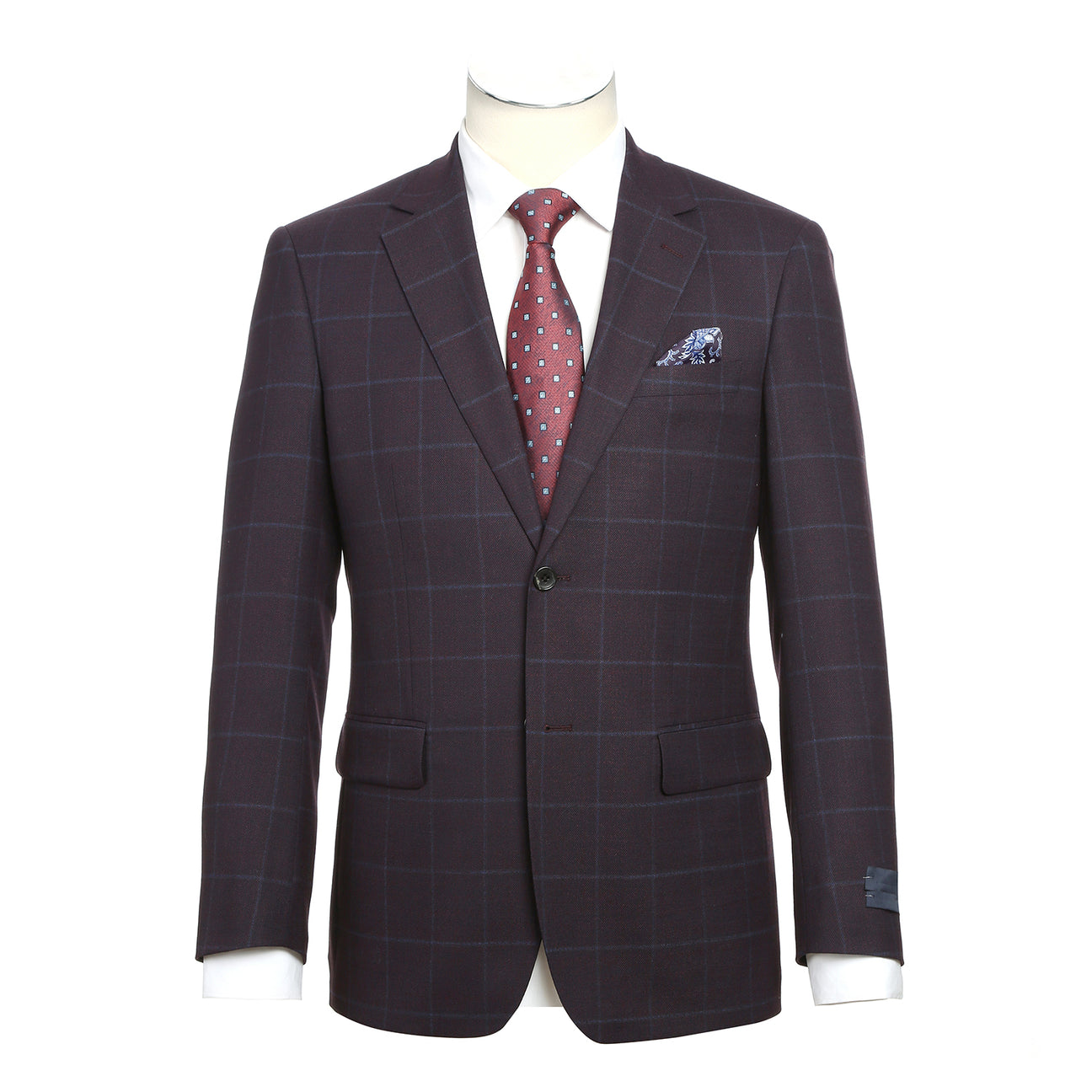 The Alessandro Vitello New Slim Fit Wool Midnight Blue Blazer 565-11 is styled on a mannequin with a white dress shirt, red patterned tie, and blue pocket square.
