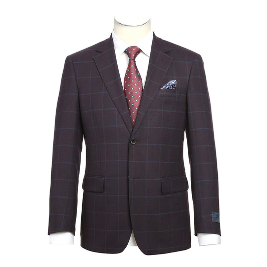 The Alessandro Vitello New Slim Fit Wool Midnight Blue Blazer 565-11 is styled on a mannequin with a white dress shirt, red patterned tie, and blue pocket square.