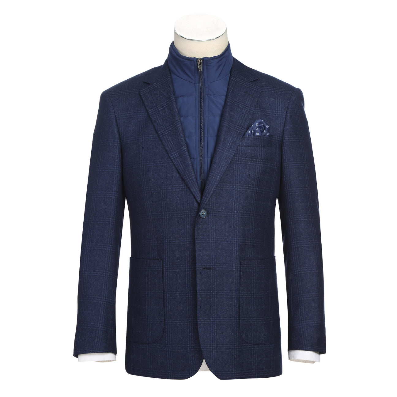 The Alessandro Vitello by Renoir New Slim Fit Sport Coat 294-41 features a navy blue checked design with a blue quilted zip-up insert, notch lapel, and patterned pocket square, shown on a white mannequin torso. Brand: Renoir.