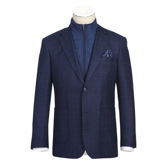 The Alessandro Vitello by Renoir New Slim Fit Sport Coat 294-41 features a navy blue checked design with a blue quilted zip-up insert, notch lapel, and patterned pocket square, shown on a white mannequin torso. Brand: Renoir.