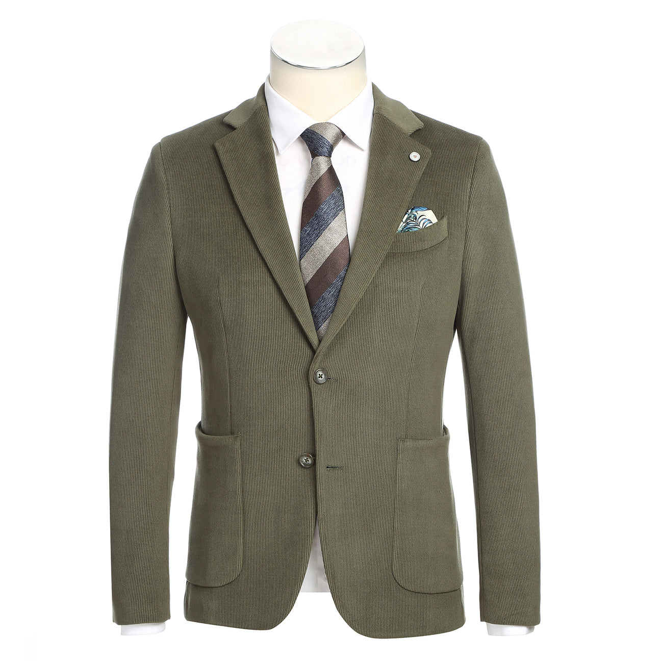 Pellagio Men's Half Canvas Blazer Olive PF24-8 by Pellagio features a slim fit, notched lapel, two-button closure, front patch pockets, and is paired with a striped tie, white dress shirt, and patterned pocket square in the chest pocket.