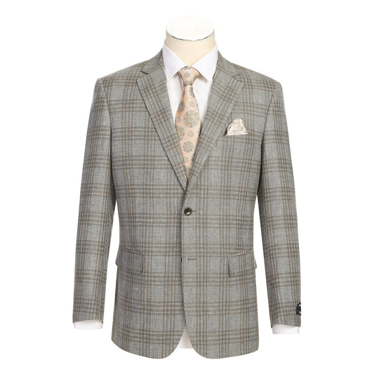 The Renoir Alessandro Vitello Classic Fit Wool Gray Brown Blazer 565-13 is displayed on a mannequin with a notch lapel, matching vest, white dress shirt, beige patterned tie, and pocket square.