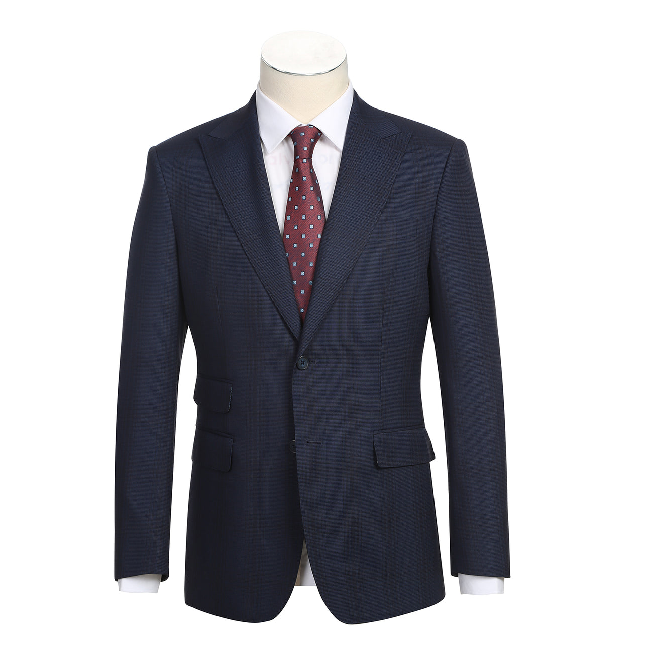 The ENGLISH LAUNDRY Grey Check Suit 12-18-001EL by English Laundry, styled with a white dress shirt and a maroon dotted tie, is displayed on a featureless mannequin.