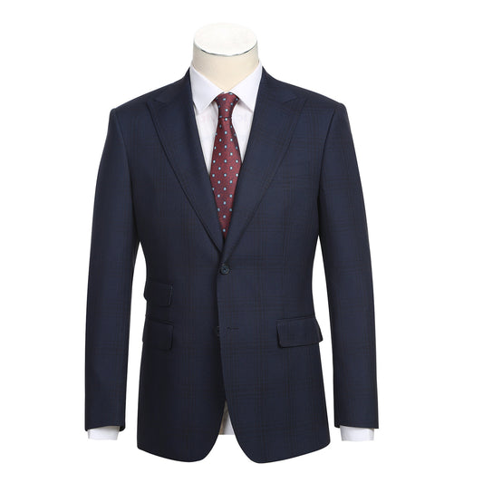 The ENGLISH LAUNDRY Grey Check Suit 12-18-001EL by English Laundry, styled with a white dress shirt and a maroon dotted tie, is displayed on a featureless mannequin.