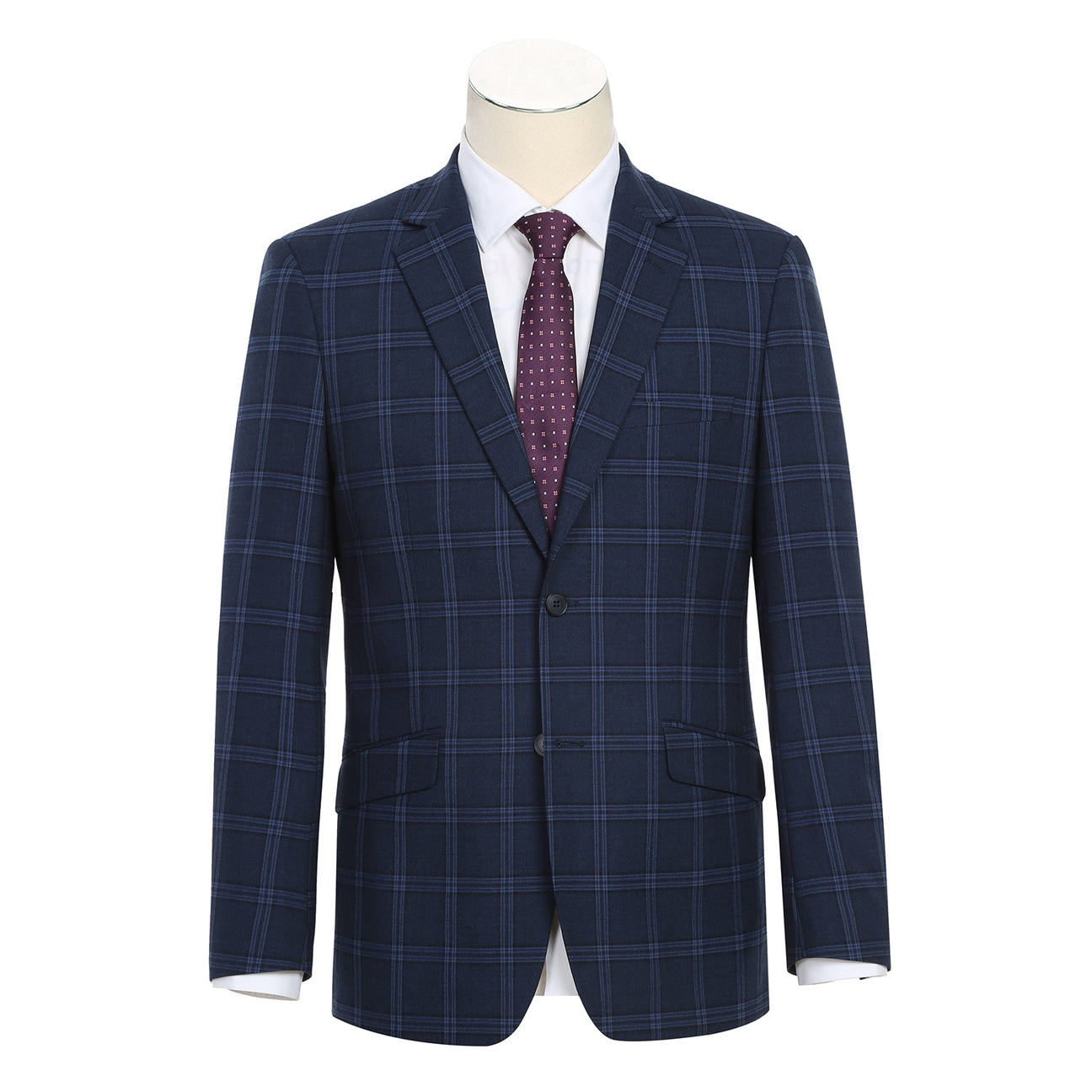 The Alessandro Vitello by Renoir Slim Fit Suit 293-22 features a navy plaid blazer on a mannequin with a white dress shirt, a burgundy polka dot tie, and flat front pants, complete with a notch lapel for sophistication.