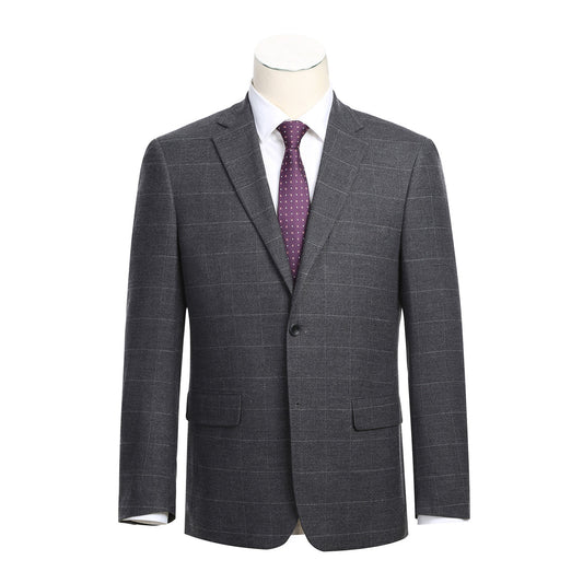 The Renoir Alessandro Vitello New Slim Fit Checked Gray Suit 293-31 is showcased on a mannequin over a white dress shirt with a purple polka dot tie, highlighting its modern elegance for men.