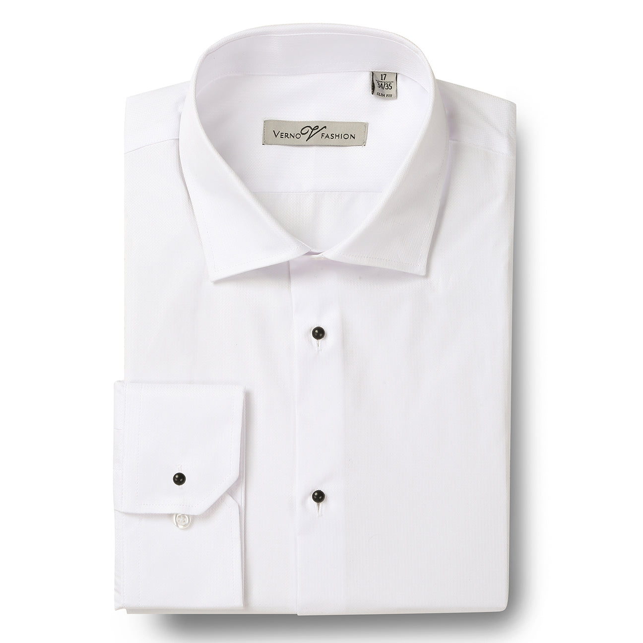 The Renoir VERNO White Slim Fit Long Sleeve Tuxedo Dress Shirt TUX01 features black buttons and a classic collar, shown neatly folded on a white background.