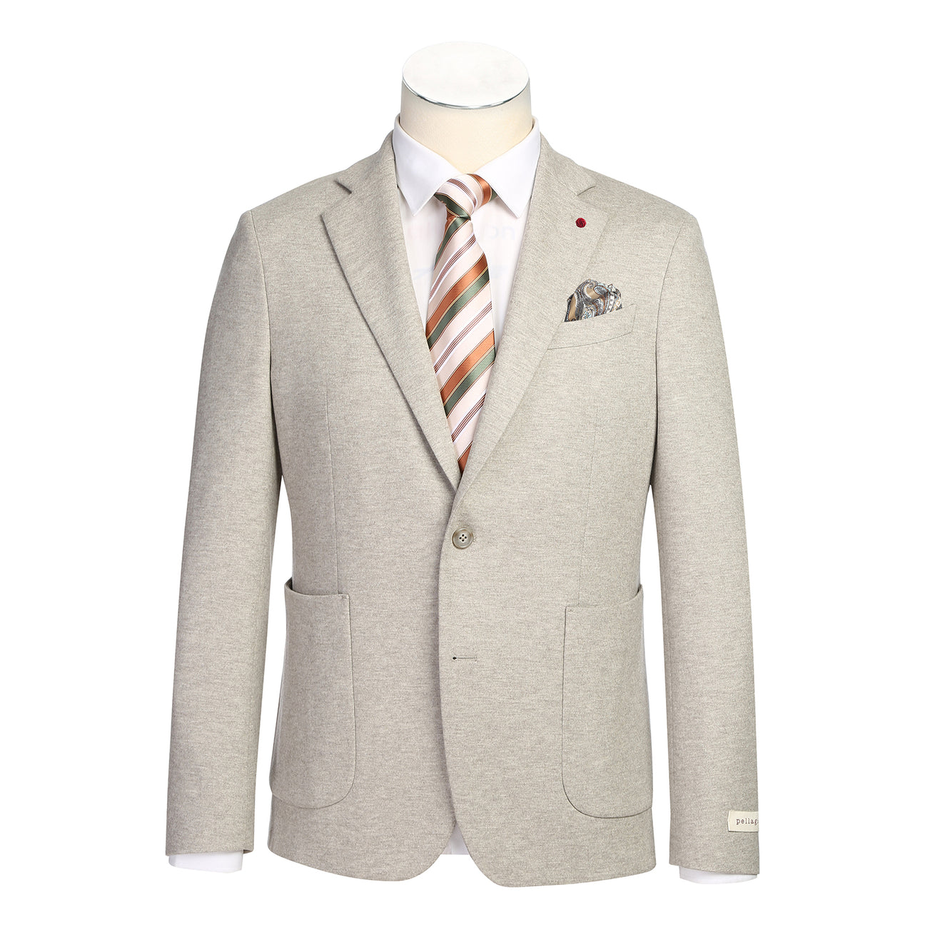 The Pellagio Men's Slim Fit Riserva Jacket Beige PF25-21W features two front pockets, button closure, a patterned pocket square, and striped tie over a white shirt, displayed on a mannequin.