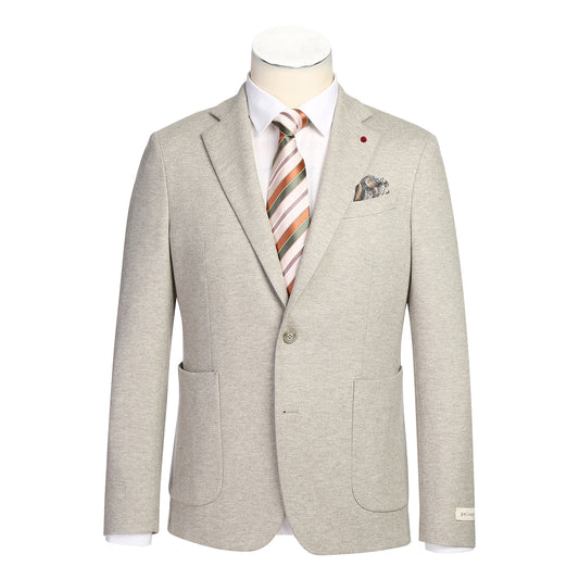 The Pellagio Men's Slim Fit Riserva Jacket Beige PF25-21W features two front pockets, button closure, a patterned pocket square, and striped tie over a white shirt, displayed on a mannequin.