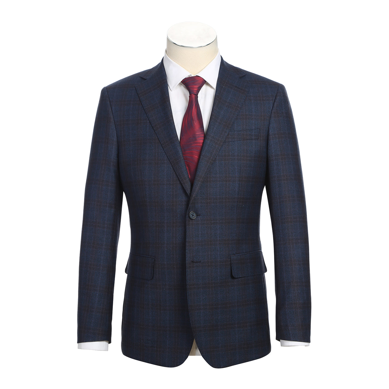 A mannequin wears the English Laundry ENGLISH LAUNDRY Dark Blue Check Suit EL12-55-410 with a white dress shirt and red patterned tie, set against a plain background.