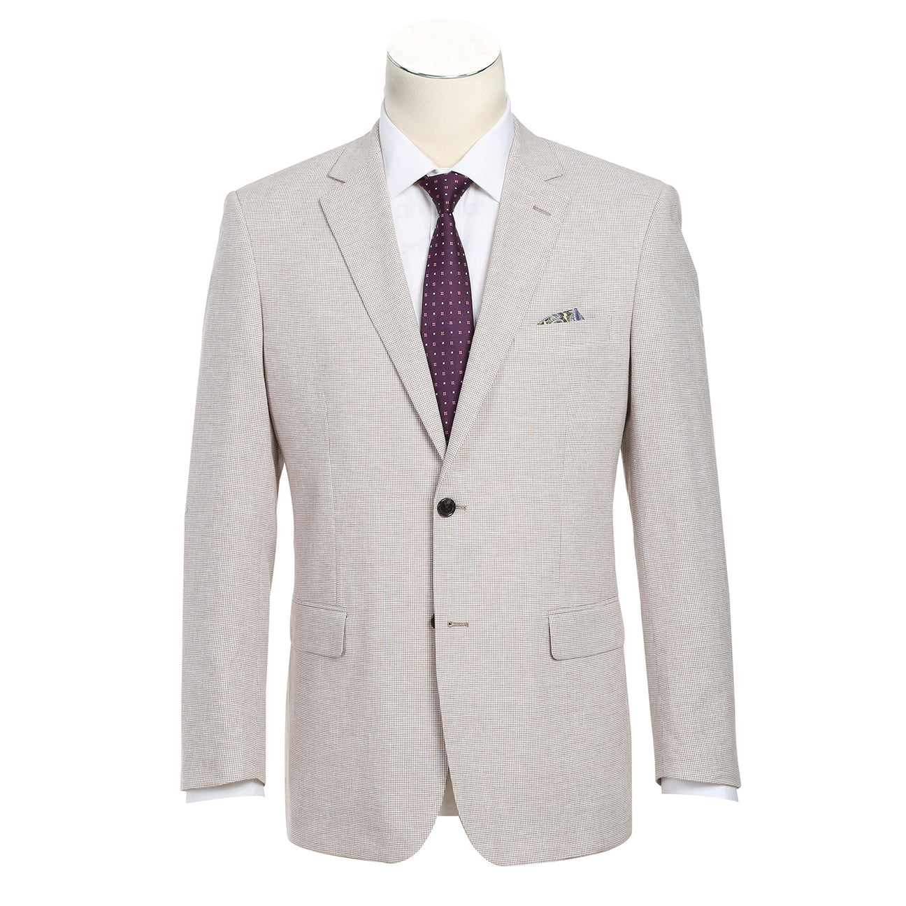 The Renoir Alessandro Vitello Classic Fit Sport Coat 610-5, in light beige cotton-linen, is styled on a mannequin with a white dress shirt and dark purple polka dot tie.