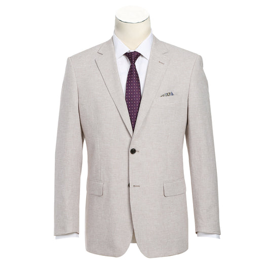 The Renoir Alessandro Vitello Classic Fit Sport Coat 610-5, in light beige cotton-linen, is styled on a mannequin with a white dress shirt and dark purple polka dot tie.