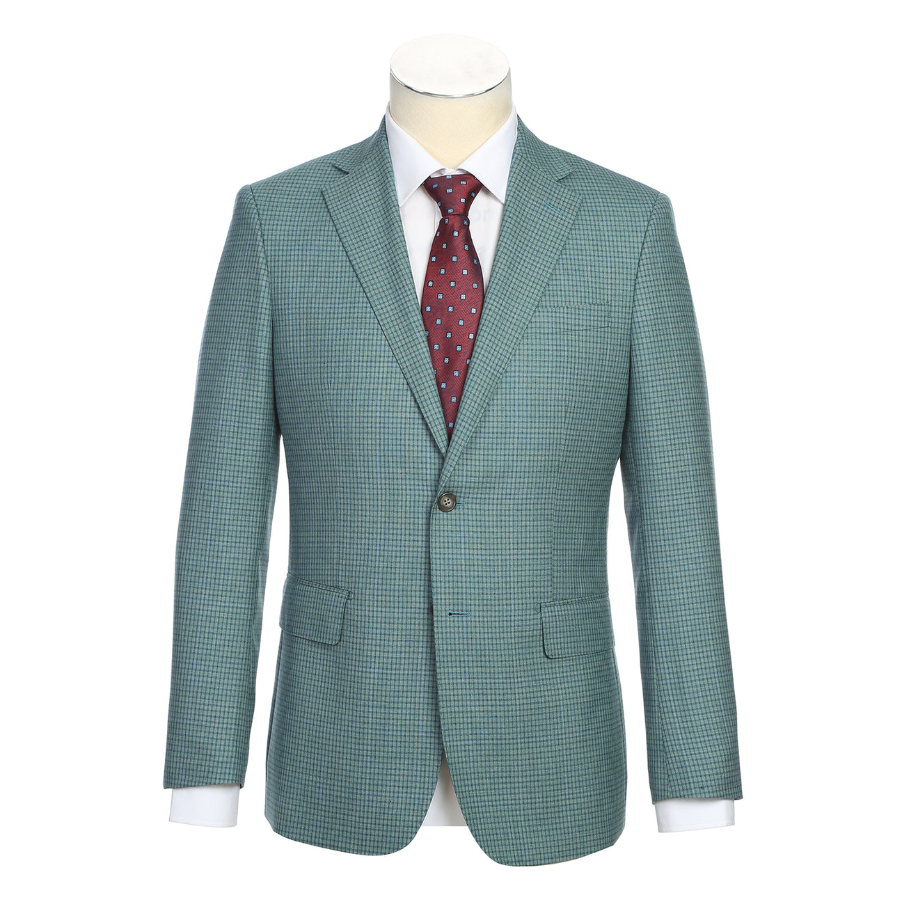 The ENGLISH LAUNDRY Grey Wool Suit EL92-53-341 by English Laundry features a slim fit wool jacket with notch lapels, styled on a mannequin with a white dress shirt and red patterned tie for a modern, tailored look.