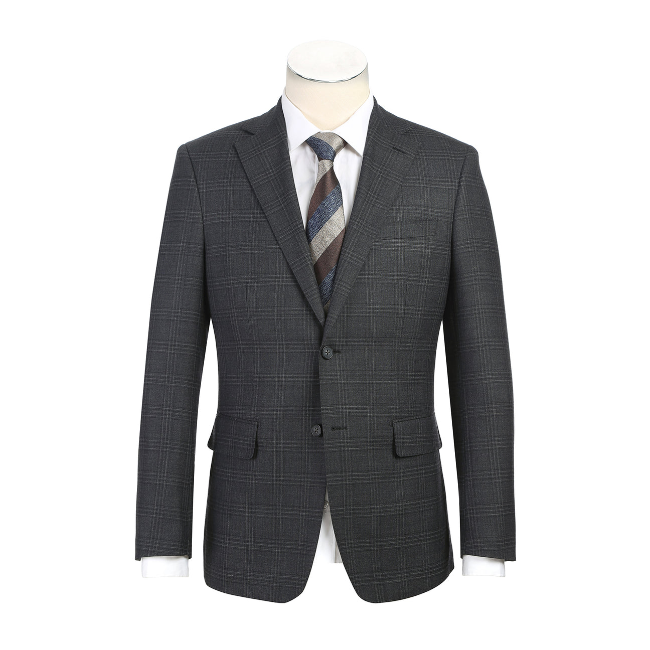 The ENGLISH LAUNDRY Dark Gray Check Suit EL12-58-095 by English Laundry is shown on a mannequin, styled with a white dress shirt and striped tie for a timeless men's suit ensemble.