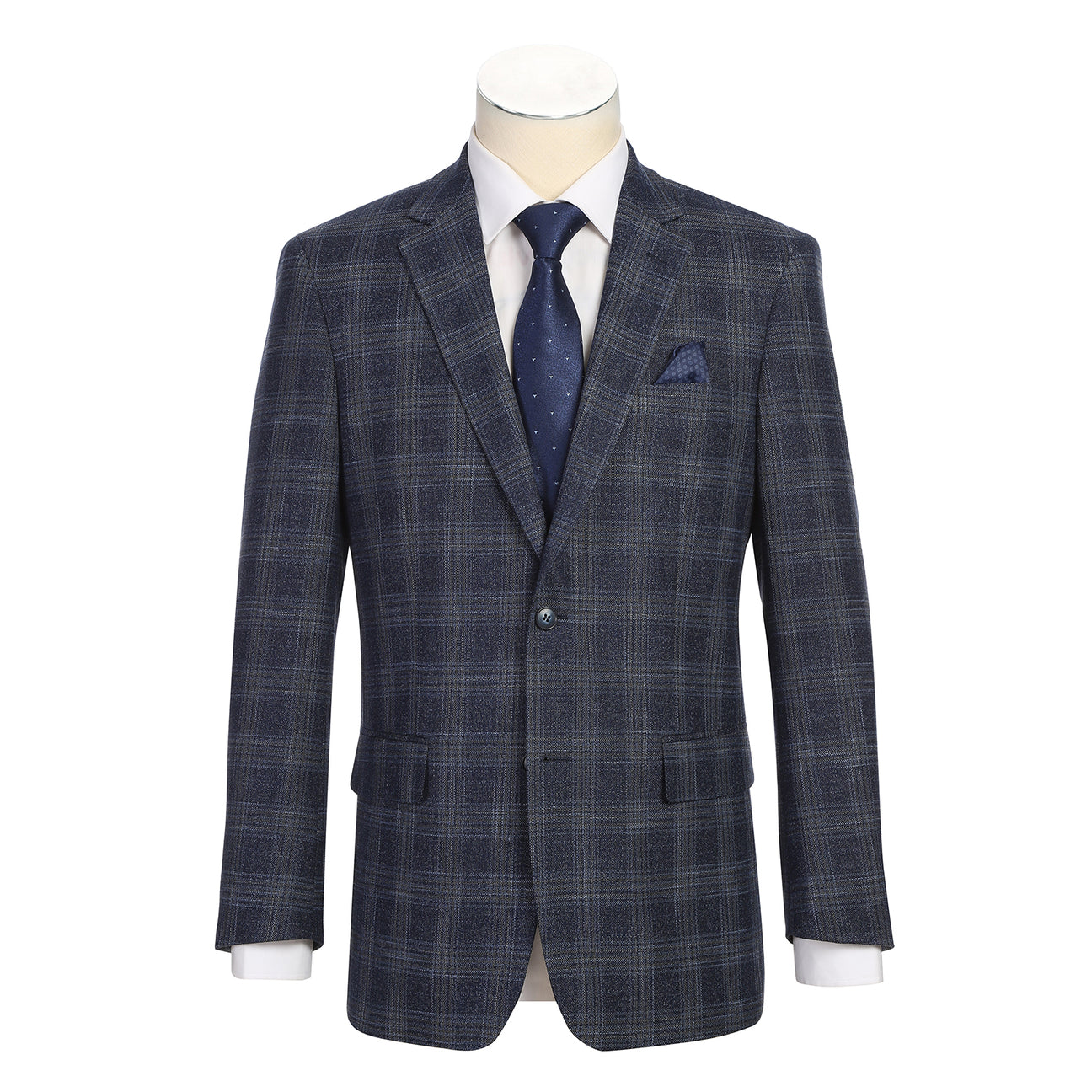 Displayed elegantly on a mannequin, the Renoir "Alessandro Vitello" Navy Blazer is paired with a white shirt, blue polka-dot tie, and matching pocket square.