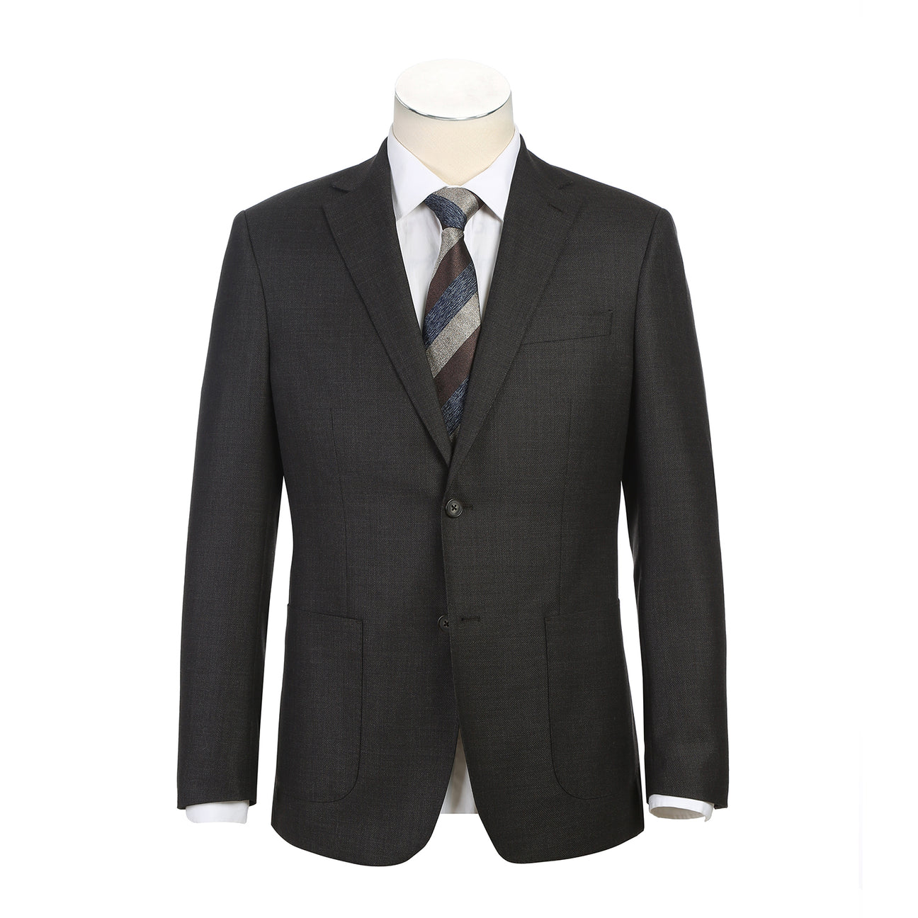 The ENGLISH LAUNDRY Dark Gray Suit EL12-02-095 by English Laundry, styled on a mannequin with a white dress shirt and black, gray, and silver striped tie, offers a refined slim fit suit look.