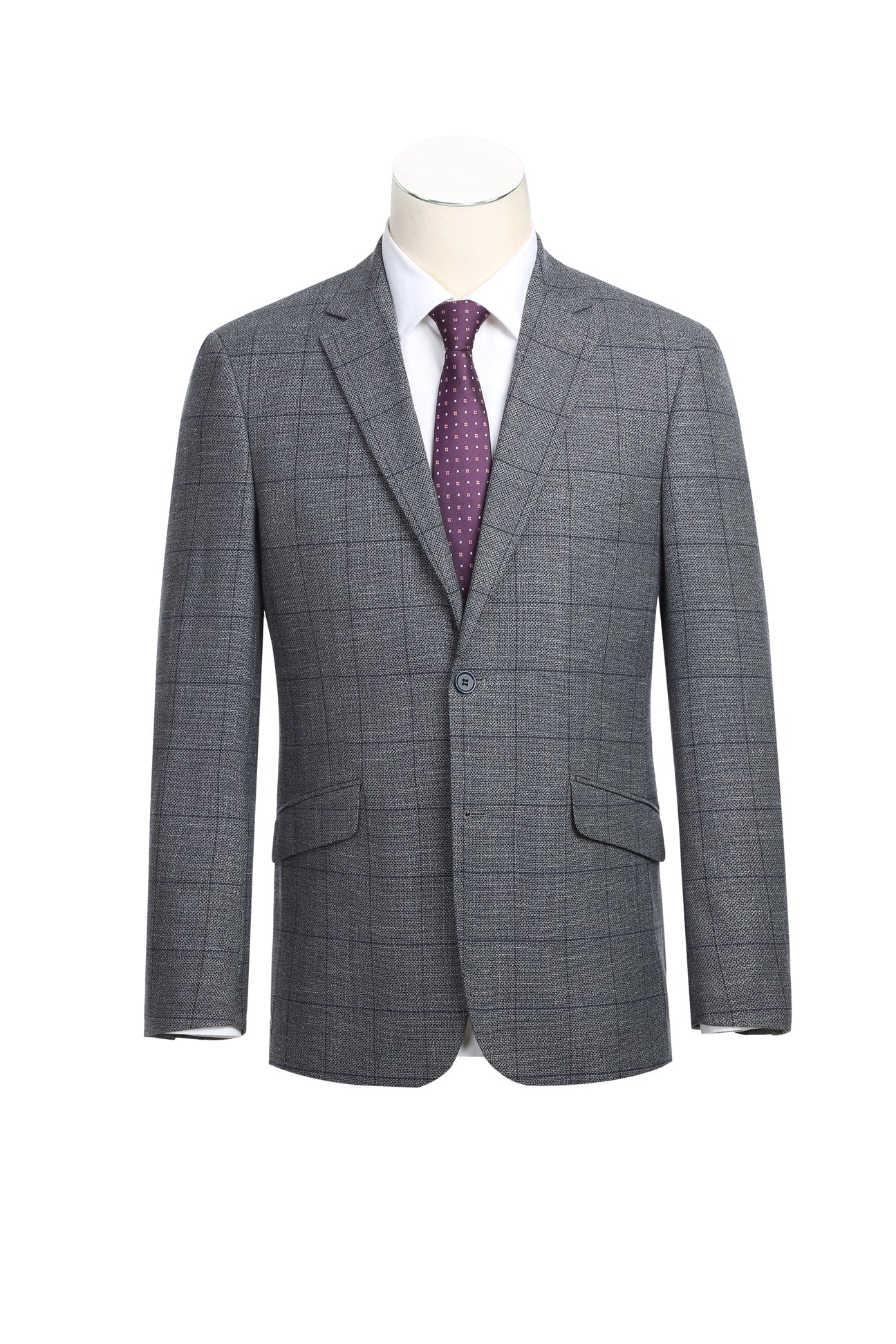 The Alessandro Vitello by Renoir Slim Fit Blazer Gray 294-20 is displayed on a mannequin with a stylish notch lapel, paired with a white shirt and purple patterned tie.