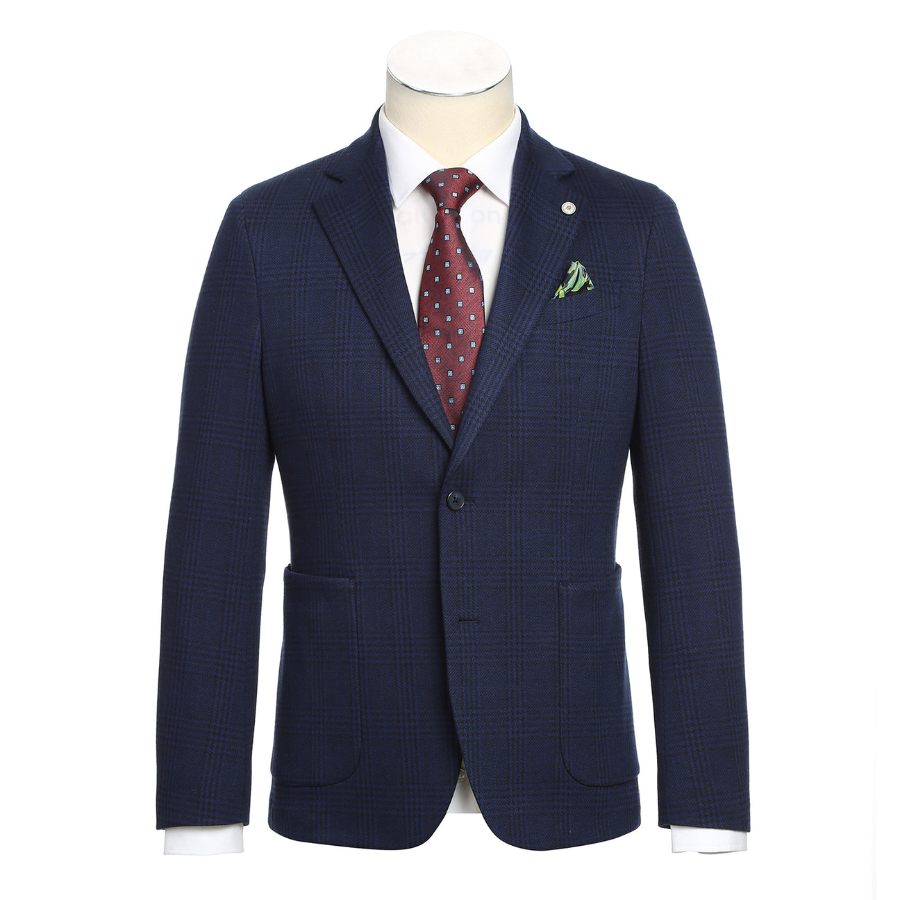 Mannequin styled in Pellagio Royal Blue Men's Half Canvas Blazer PF24-10 with a white shirt, red polka dot tie, and green pocket square.