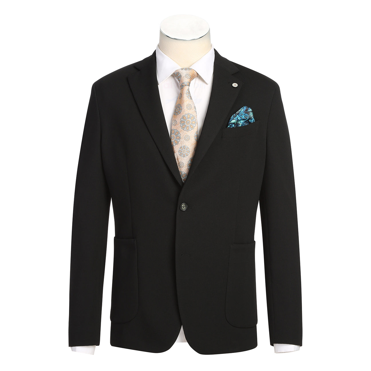 The Pellagio Men's Half Canvas Blazer Black PS25-18, a slim-fit single-breasted jacket with notched lapel, is styled on a mannequin with a white shirt, light patterned tie, and teal pocket square.