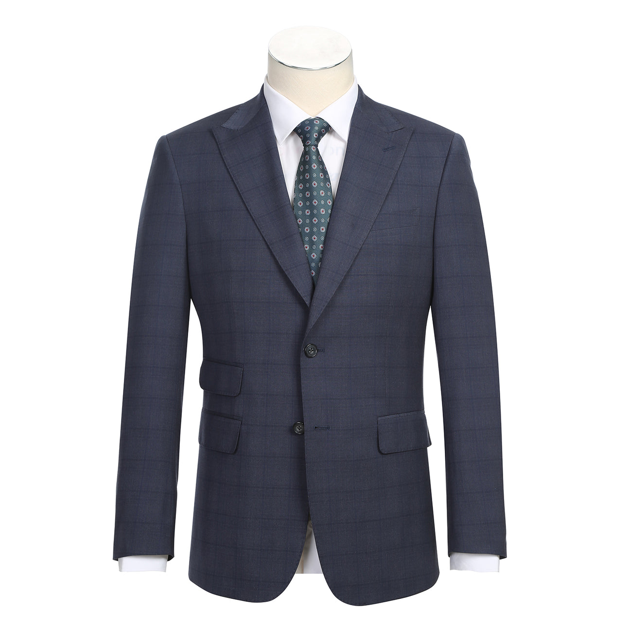 The ENGLISH LAUNDRY Grey Blue Check Suit 12-52-095EL by English Laundry is styled over a white dress shirt and a patterned blue tie, displayed on a headless mannequin.