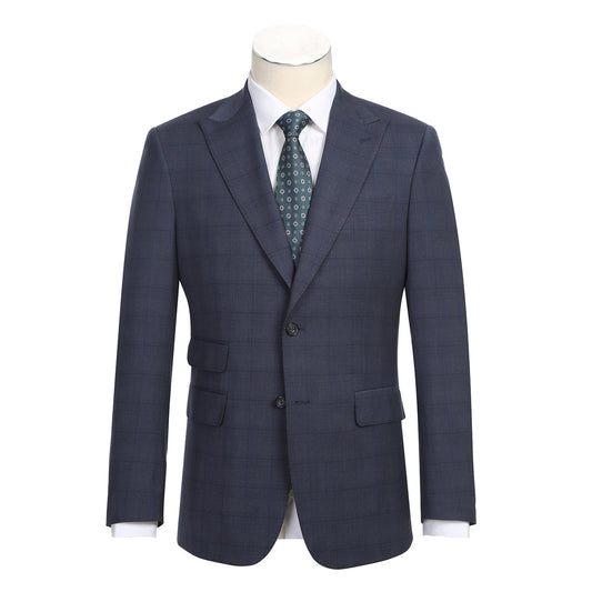 The ENGLISH LAUNDRY Grey Blue Check Suit 12-52-095EL by English Laundry is styled over a white dress shirt and a patterned blue tie, displayed on a headless mannequin.