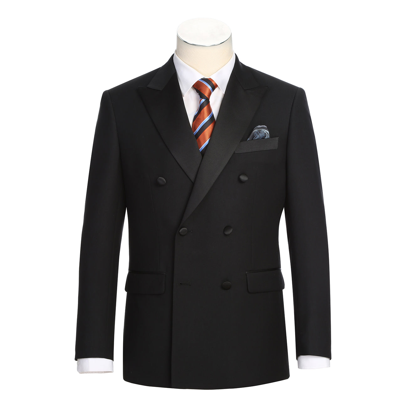 The Alessandro Vitello by Renoir Slim Fit Double-Breasted Peak Lapel Black Tuxedo 201-1 is styled with a white shirt and orange striped tie, elegantly showcased on a mannequin.
