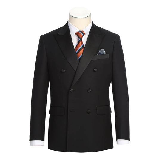 The Alessandro Vitello by Renoir Slim Fit Double-Breasted Peak Lapel Black Tuxedo 201-1 is styled with a white shirt and orange striped tie, elegantly showcased on a mannequin.