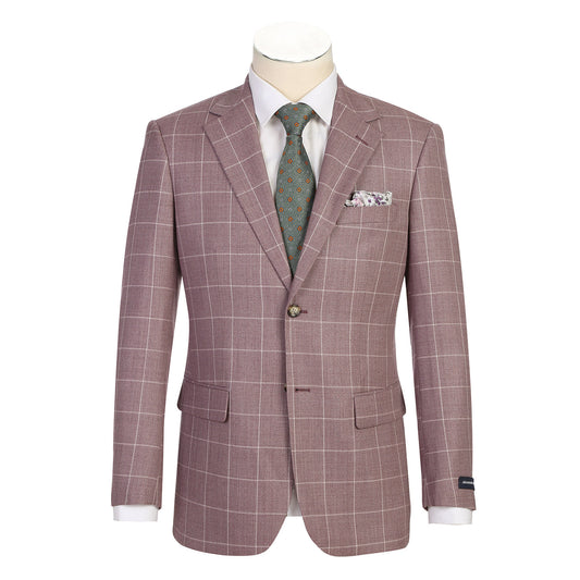 The Renoir Alessandro Vitello by Renoir New Slim Fit Sport Coat 565-16, a mauve checkered 100% wool jacket with notch lapels, is shown on a mannequin with a white shirt, green patterned tie, and pocket square.