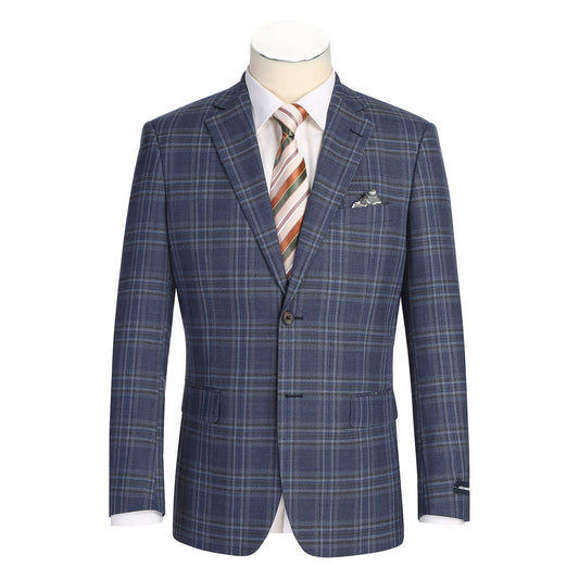 The Alessandro Vitello by Renoir New Slim Fit Wool Navy Blazer 567-17, featuring a notch lapel and pocket square, is styled with a white shirt and striped necktie on a mannequin.