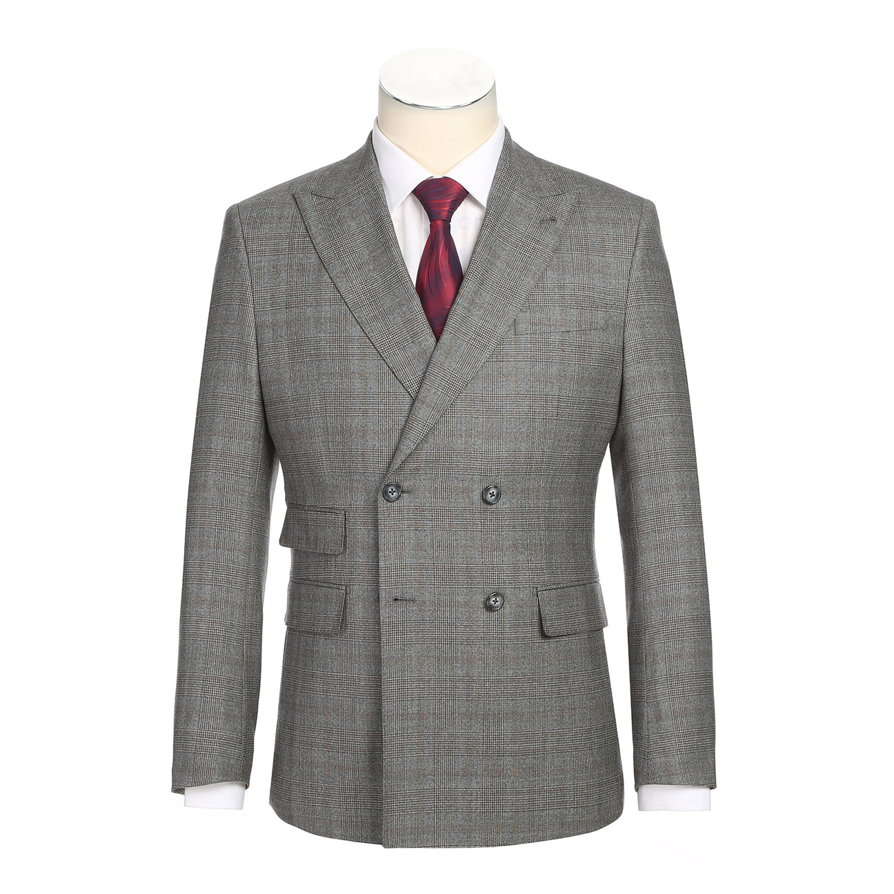 The ENGLISH LAUNDRY Double-breasted Gray Check Suit EL12-60-093 by English Laundry is showcased on a mannequin, styled with a white dress shirt and a red tie.