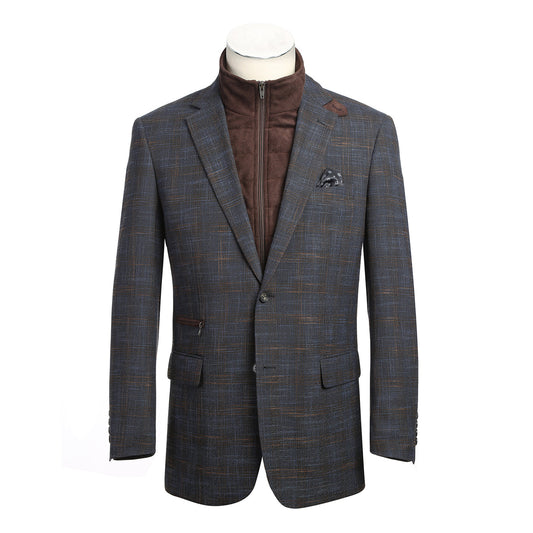 The Alessandro Vitello by Renoir Classic Fit Bib Gray Blue Blazer 294-33 features a blue plaid design, brown zip-up inner layer, notch lapel, and matching pocket square, showcased on a mannequin.