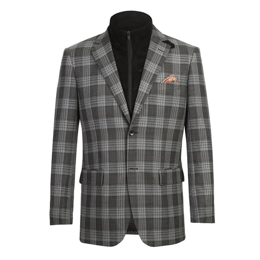 The Renoir Alessandro Vitello by Renoir New Slim Fit Wool Bib Gray Blazer 565-8 features a men’s grey plaid design with black inner vest and orange patterned pocket square, displayed on a plain white background.
