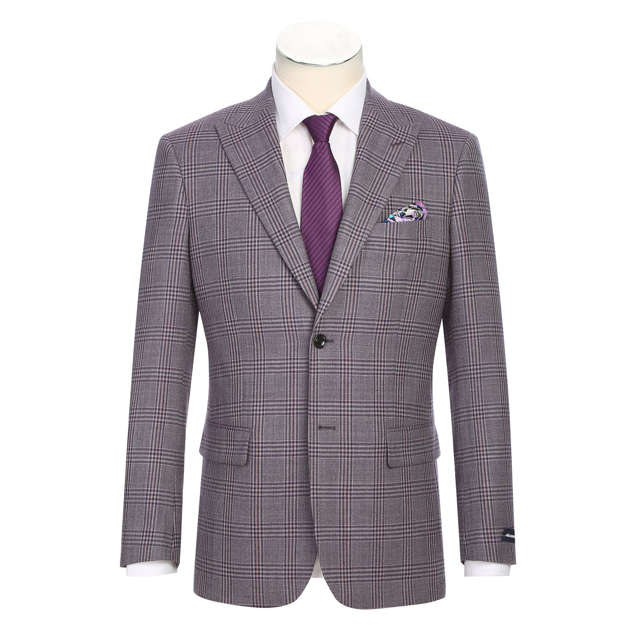 The Alessandro Vitello by Renoir New Slim Fit Wool Purple Blazer 567-2 features a purple plaid design with a notch lapel, shown paired with a white shirt, purple tie, and pocket square; crafted from 100% wool with close-up fabric and label details.
