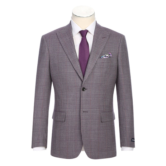 The Alessandro Vitello by Renoir New Slim Fit Wool Purple Blazer 567-2 features a purple plaid design with a notch lapel, shown paired with a white shirt, purple tie, and pocket square; crafted from 100% wool with close-up fabric and label details.