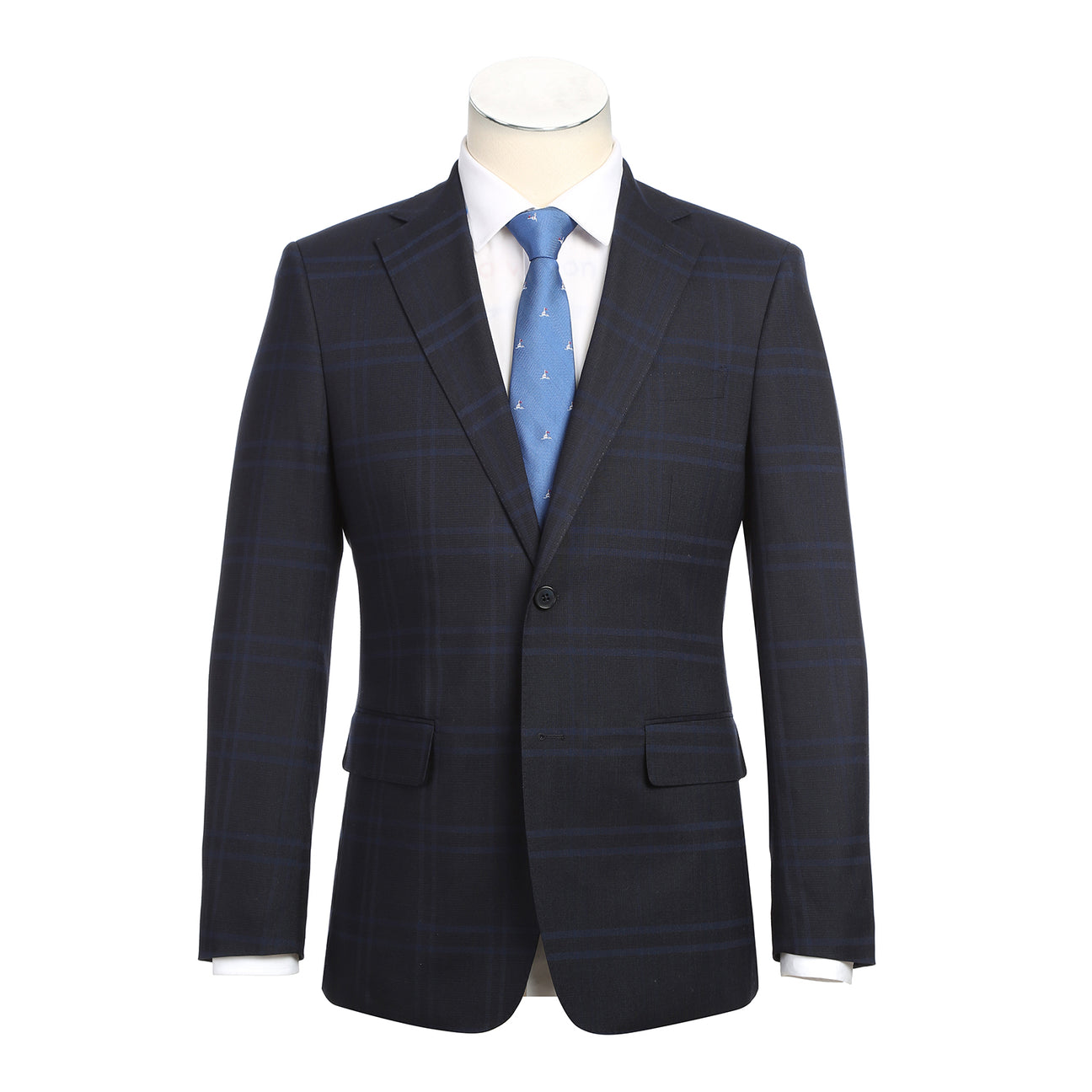 The ENGLISH LAUNDRY Navy Check Suit 22-20-410EL by English Laundry features a slim fit jacket with notched lapels, two-button closure, white dress shirt, and blue patterned tie—perfect for any formal occasion.