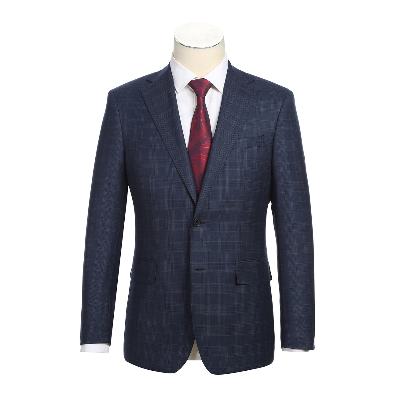 The ENGLISH LAUNDRY Blue Check Suit EL12-50-410 by English Laundry features a classic blue check pattern with notch lapels, paired with a white dress shirt and red patterned tie—an elegant, timeless men's style.
