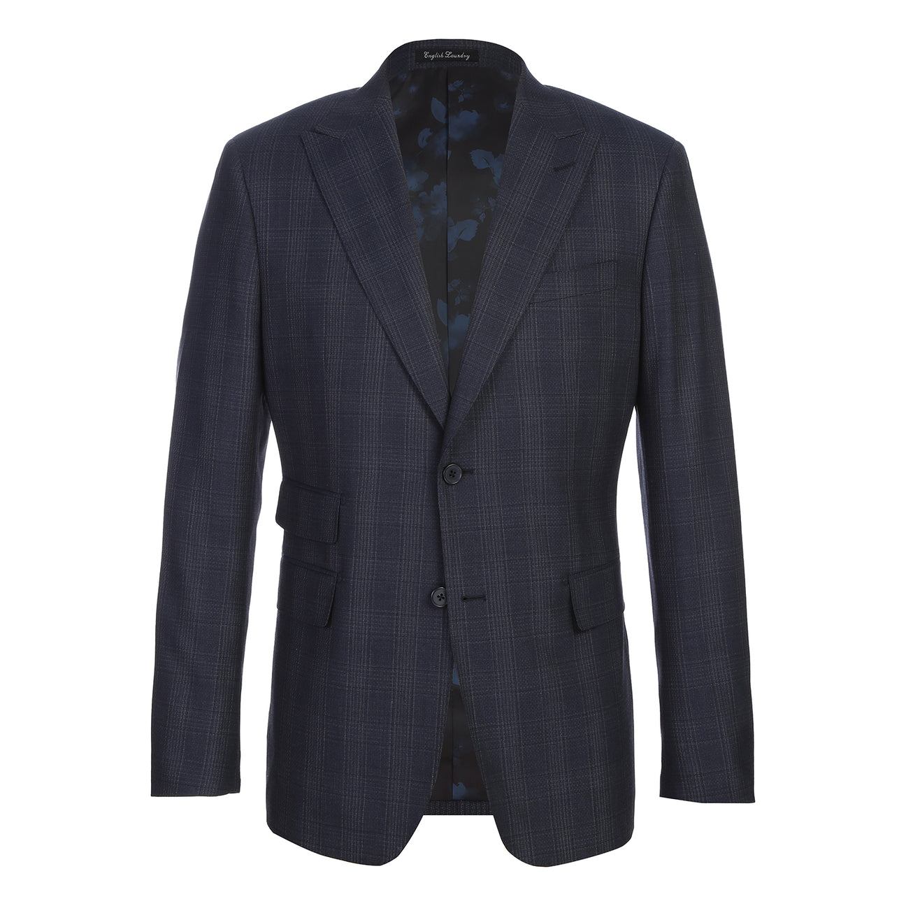 A man wears the English Laundry ENGLISH LAUNDRY 2pc Wool Suit Navy EL22-60-410; close-ups highlight its navy plaid fabric (90% wool, 10% polyester), inner lining, buttons, and embroidered label.