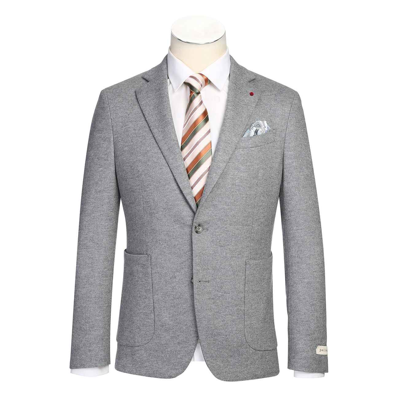The Pellagio Men's Slim Fit Riserva Jacket Light Gray PF25-20W by Pellagio is displayed on a mannequin with a white dress shirt, striped tie, and patterned pocket square, featuring two front pockets and a modern slim fit.