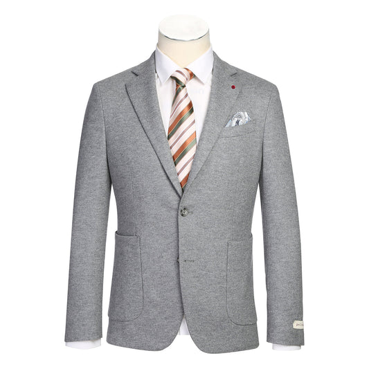 The Pellagio Men's Slim Fit Riserva Jacket Light Gray PF25-20W by Pellagio is displayed on a mannequin with a white dress shirt, striped tie, and patterned pocket square, featuring two front pockets and a modern slim fit.