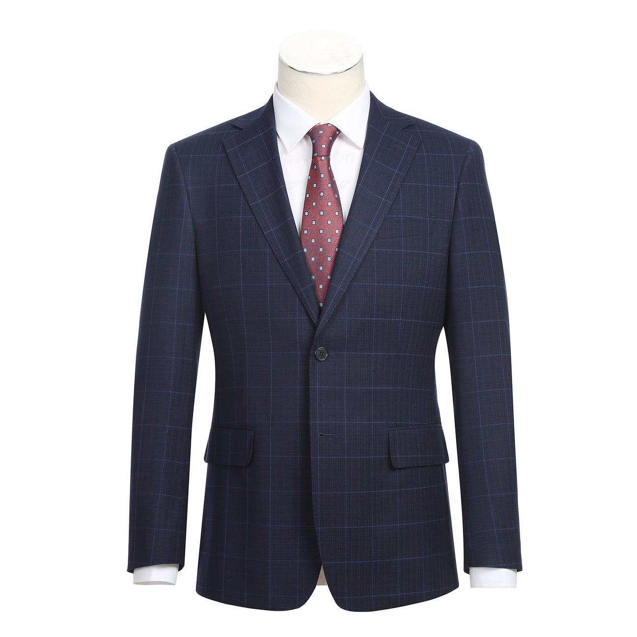 The ENGLISH LAUNDRY Midnight Blue Check Suit 12-55-410EL by English Laundry, featuring a slim fit jacket with notch lapels, is paired with a white dress shirt and red patterned tie on display.