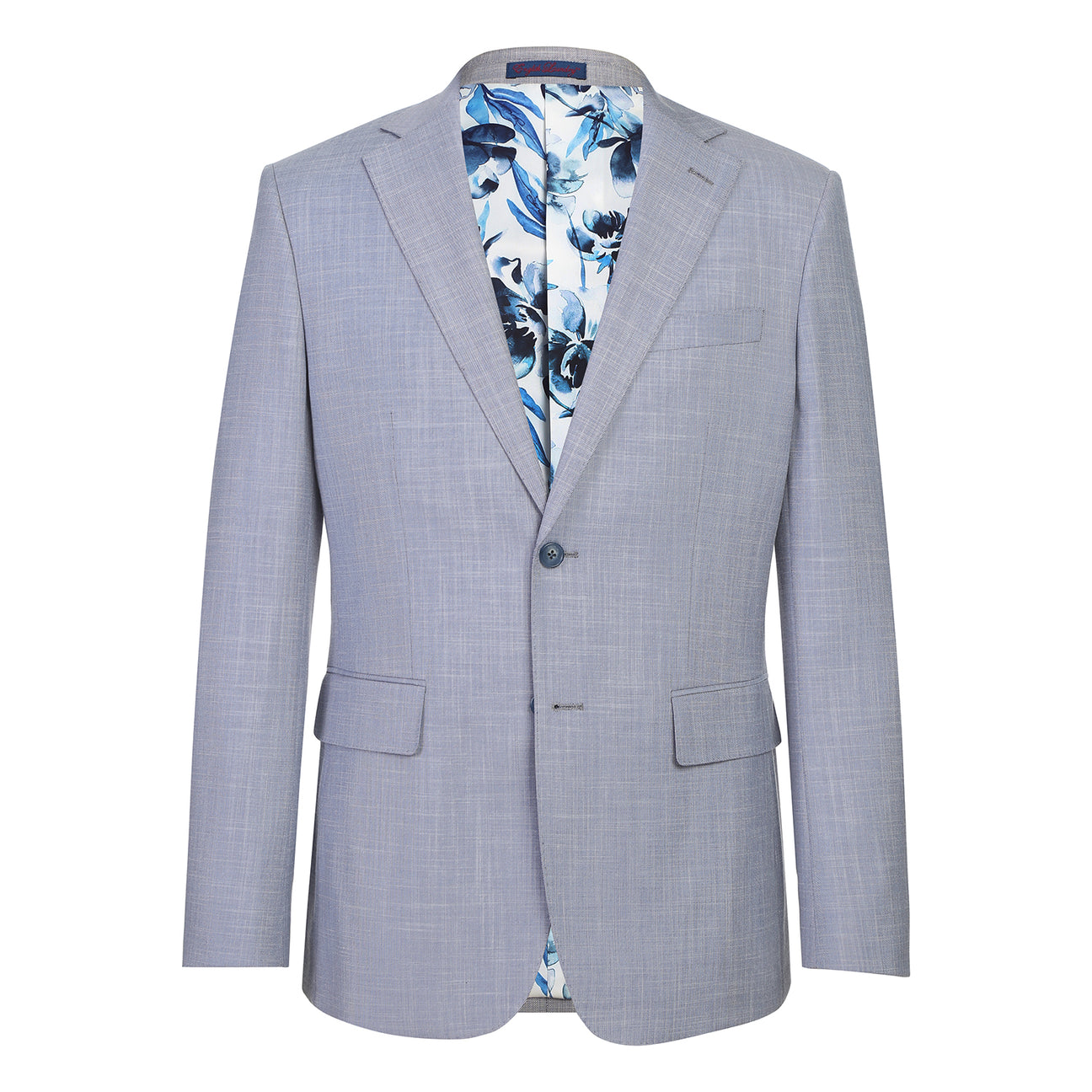 The ENGLISH LAUNDRY Light Gray Suit 32-02-002EL by English Laundry features notched lapels, two front flap pockets, a single button closure, and a blue and white floral patterned inner lining.