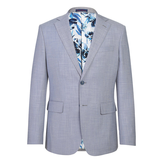 The ENGLISH LAUNDRY Light Gray Suit 32-02-002EL by English Laundry features notched lapels, two front flap pockets, a single button closure, and a blue and white floral patterned inner lining.