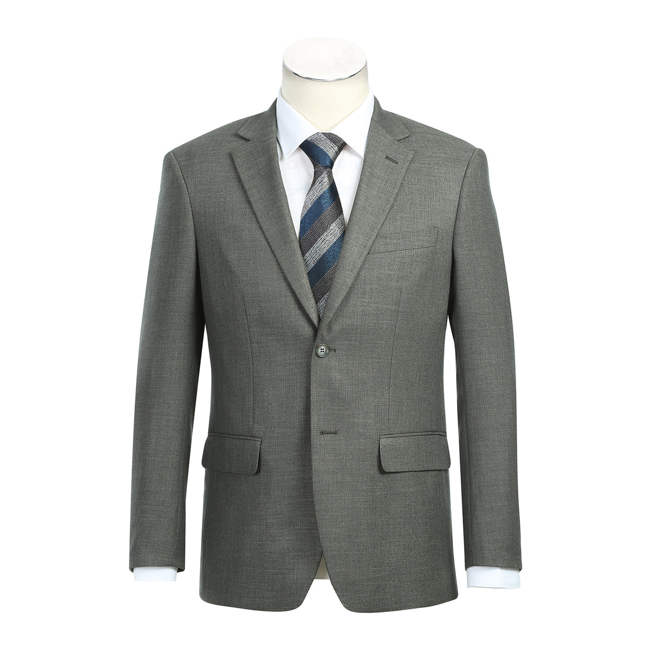 A mannequin displays the Alessandro Vitello by Renoir New Slim Fit Sport Coat 294-27, a gray men's slim fit blazer featuring a single-button front and notch lapel, with pocket flaps. A blue striped tie and white shirt are visible underneath.
