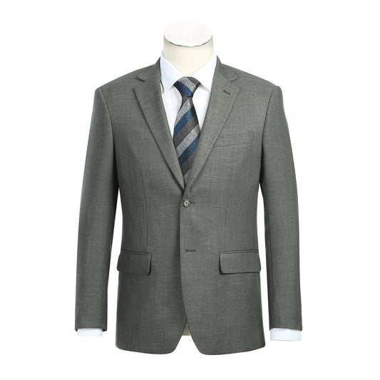 A mannequin displays the Alessandro Vitello by Renoir New Slim Fit Sport Coat 294-27, a gray men's slim fit blazer featuring a single-button front and notch lapel, with pocket flaps. A blue striped tie and white shirt are visible underneath.